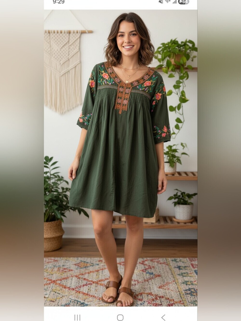 Embroidered Olive Green Women's Tunic Dress